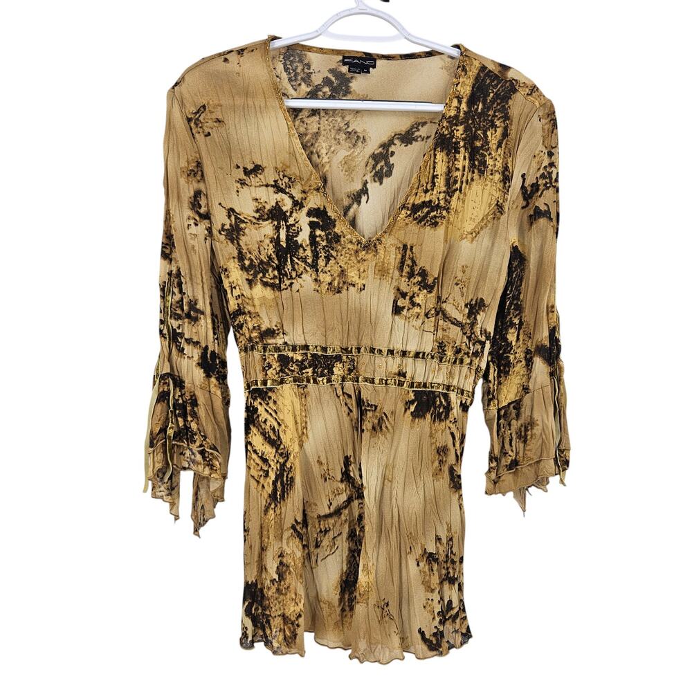 Vintage Y2K Piano Blouse Top Brown Gold Flare Sleeve Goth Peplum V-neck Size M